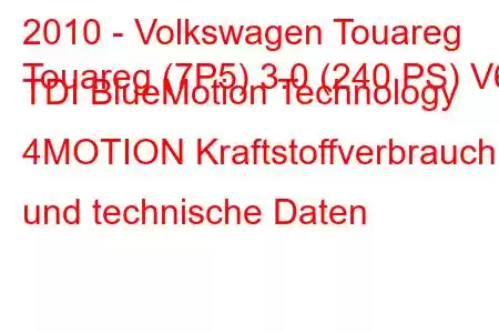 2010 - Volkswagen Touareg
Touareg (7P5) 3.0 (240 PS) V6 TDI BlueMotion Technology 4MOTION Kraftstoffverbrauch und technische Daten