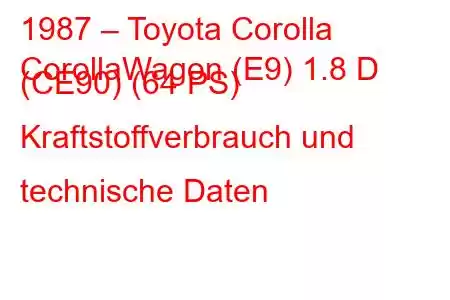 1987 – Toyota Corolla
CorollaWagon (E9) 1.8 D (CE90) (64 PS) Kraftstoffverbrauch und technische Daten