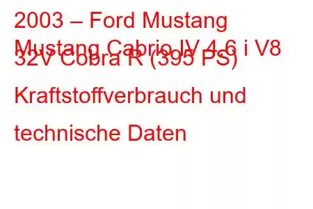 2003 – Ford Mustang
Mustang Cabrio IV 4.6 i V8 32V Cobra R (395 PS) Kraftstoffverbrauch und technische Daten