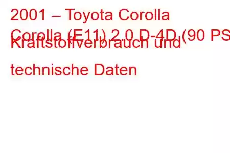 2001 – Toyota Corolla
Corolla (E11) 2.0 D-4D (90 PS) Kraftstoffverbrauch und technische Daten