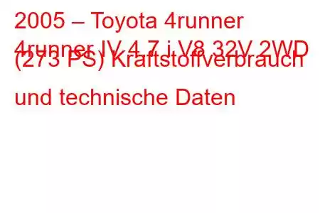 2005 – Toyota 4runner
4runner IV 4.7 i V8 32V 2WD (273 PS) Kraftstoffverbrauch und technische Daten