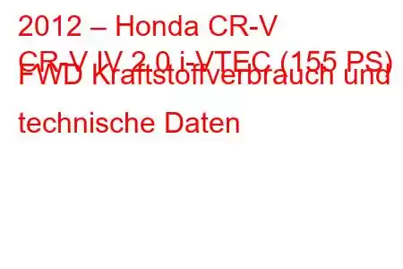 2012 – Honda CR-V
CR-V IV 2.0 i-VTEC (155 PS) FWD Kraftstoffverbrauch und technische Daten