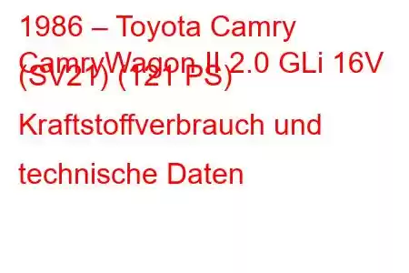 1986 – Toyota Camry
CamryWagon II 2.0 GLi 16V (SV21) (121 PS) Kraftstoffverbrauch und technische Daten