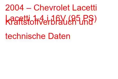 2004 – Chevrolet Lacetti
Lacetti 1.4 i 16V (95 PS) Kraftstoffverbrauch und technische Daten