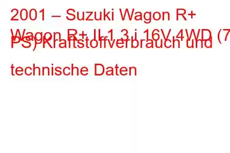 2001 – Suzuki Wagon R+
Wagon R+ II 1.3 i 16V 4WD (76 PS) Kraftstoffverbrauch und technische Daten