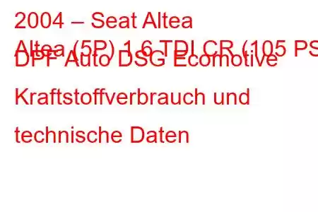 2004 – Seat Altea
Altea (5P) 1.6 TDI CR (105 PS) DPF Auto DSG Ecomotive Kraftstoffverbrauch und technische Daten