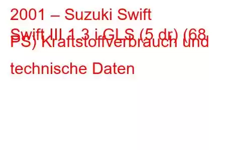 2001 – Suzuki Swift
Swift III 1.3 i GLS (5 dr) (68 PS) Kraftstoffverbrauch und technische Daten