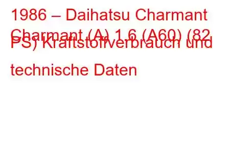 1986 – Daihatsu Charmant
Charmant (A) 1.6 (A60) (82 PS) Kraftstoffverbrauch und technische Daten