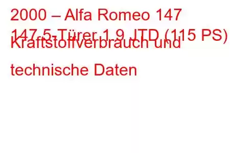 2000 – Alfa Romeo 147
147 5-Türer 1.9 JTD (115 PS) Kraftstoffverbrauch und technische Daten