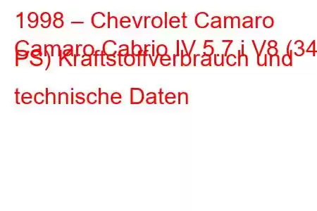 1998 – Chevrolet Camaro
Camaro Cabrio IV 5.7 i V8 (344 PS) Kraftstoffverbrauch und technische Daten