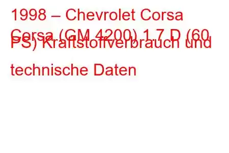 1998 – Chevrolet Corsa
Corsa (GM 4200) 1.7 D (60 PS) Kraftstoffverbrauch und technische Daten