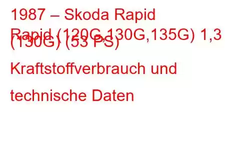 1987 – Skoda Rapid
Rapid (120G,130G,135G) 1,3 (130G) (53 PS) Kraftstoffverbrauch und technische Daten