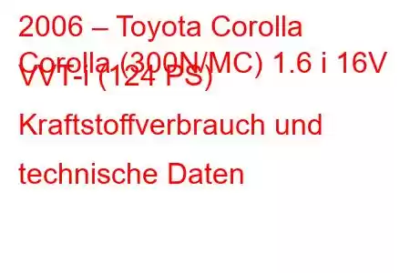 2006 – Toyota Corolla
Corolla (300N/MC) 1.6 i 16V VVT-i (124 PS) Kraftstoffverbrauch und technische Daten