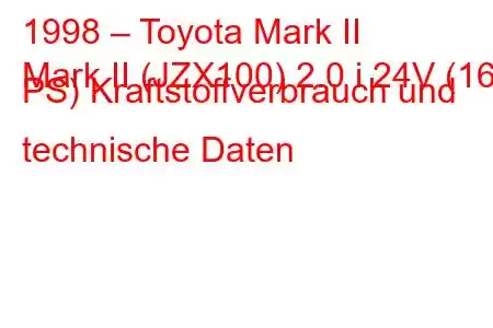 1998 – Toyota Mark II
Mark II (JZX100) 2.0 i 24V (160 PS) Kraftstoffverbrauch und technische Daten