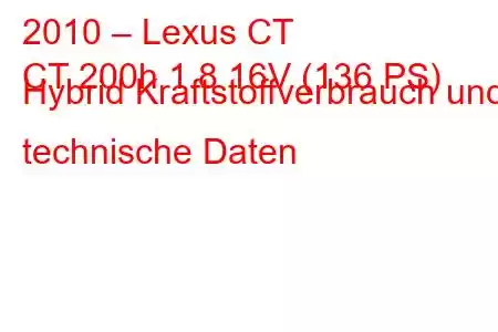 2010 – Lexus CT
CT 200h 1.8 16V (136 PS) Hybrid Kraftstoffverbrauch und technische Daten