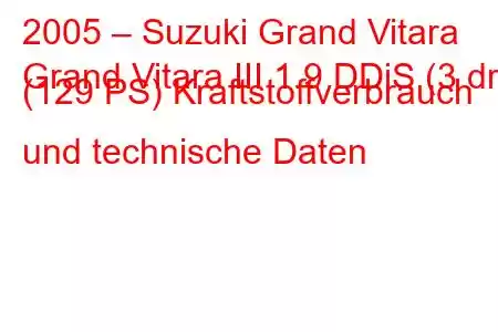 2005 – Suzuki Grand Vitara
Grand Vitara III 1.9 DDiS (3 dr) (129 PS) Kraftstoffverbrauch und technische Daten