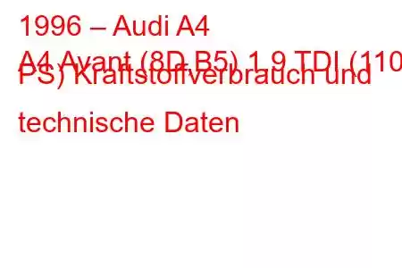 1996 – Audi A4
A4 Avant (8D,B5) 1.9 TDI (110 PS) Kraftstoffverbrauch und technische Daten