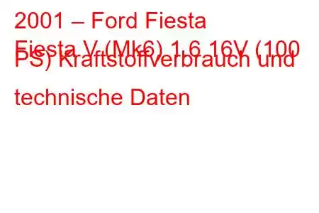 2001 – Ford Fiesta
Fiesta V (Mk6) 1.6 16V (100 PS) Kraftstoffverbrauch und technische Daten