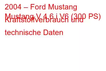 2004 – Ford Mustang
Mustang V 4.6 i V6 (300 PS) Kraftstoffverbrauch und technische Daten