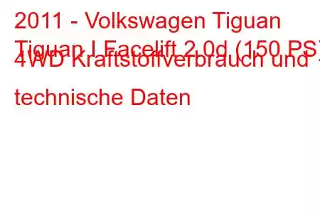 2011 - Volkswagen Tiguan
Tiguan I Facelift 2.0d (150 PS) 4WD Kraftstoffverbrauch und technische Daten