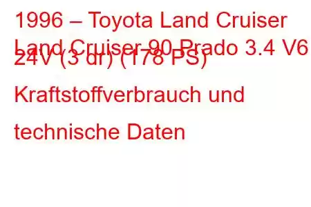 1996 – Toyota Land Cruiser
Land Cruiser 90 Prado 3.4 V6 24V (3 dr) (178 PS) Kraftstoffverbrauch und technische Daten