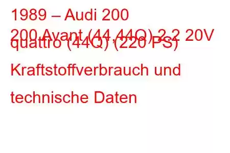 1989 – Audi 200
200 Avant (44,44Q) 2.2 20V quattro (44Q) (220 PS) Kraftstoffverbrauch und technische Daten