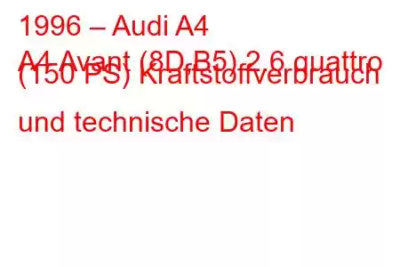 1996 – Audi A4
A4 Avant (8D,B5) 2.6 quattro (150 PS) Kraftstoffverbrauch und technische Daten