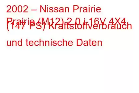 2002 – Nissan Prairie
Prairie (M12) 2.0 i 16V 4X4 (147 PS) Kraftstoffverbrauch und technische Daten