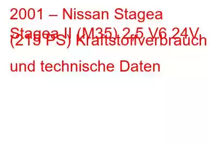 2001 – Nissan Stagea
Stagea II (M35) 2,5 V6 24V (215 PS) Kraftstoffverbrauch und technische Daten