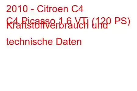 2010 - Citroen C4
C4 Picasso 1.6 VTi (120 PS) Kraftstoffverbrauch und technische Daten