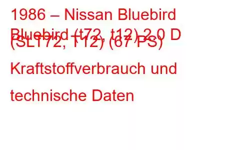 1986 – Nissan Bluebird
Bluebird (t72, t12) 2.0 D (SLT72, T12) (67 PS) Kraftstoffverbrauch und technische Daten