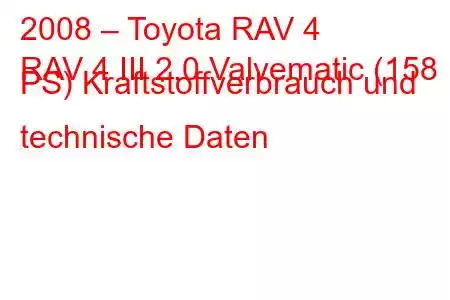 2008 – Toyota RAV 4
RAV 4 III 2.0 Valvematic (158 PS) Kraftstoffverbrauch und technische Daten