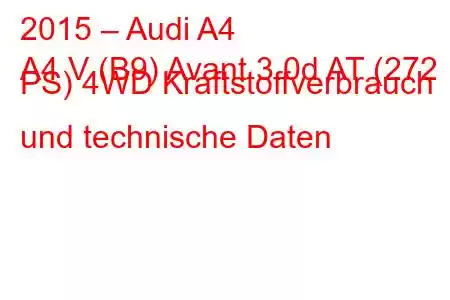 2015 – Audi A4
A4 V (B9) Avant 3.0d AT (272 PS) 4WD Kraftstoffverbrauch und technische Daten