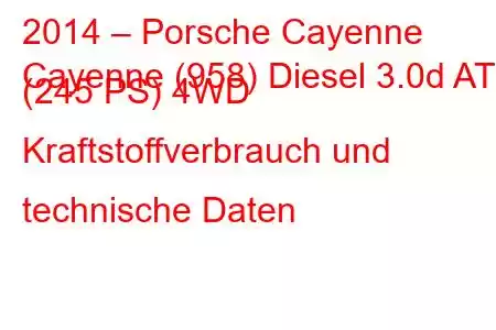 2014 – Porsche Cayenne
Cayenne (958) Diesel 3.0d AT (245 PS) 4WD Kraftstoffverbrauch und technische Daten