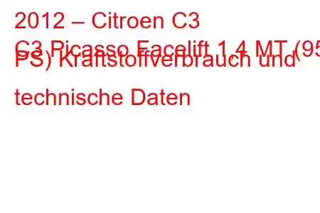 2012 – Citroen C3
C3 Picasso Facelift 1,4 MT (95 PS) Kraftstoffverbrauch und technische Daten