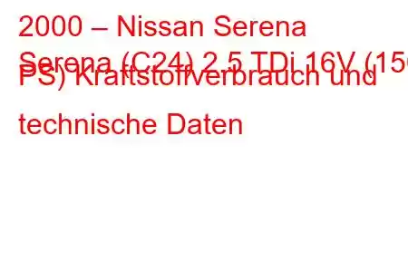 2000 – Nissan Serena
Serena (C24) 2.5 TDi 16V (150 PS) Kraftstoffverbrauch und technische Daten