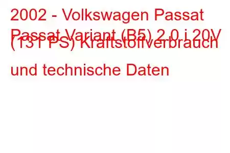 2002 - Volkswagen Passat
Passat Variant (B5) 2.0 i 20V (131 PS) Kraftstoffverbrauch und technische Daten