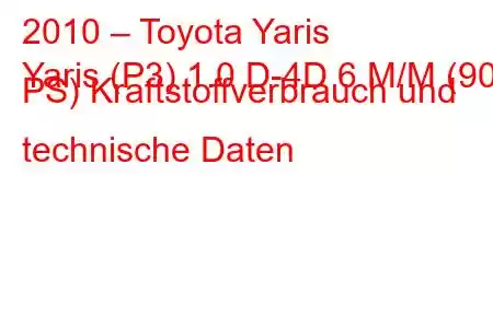 2010 – Toyota Yaris
Yaris (P3) 1.0 D-4D 6 M/M (90 PS) Kraftstoffverbrauch und technische Daten