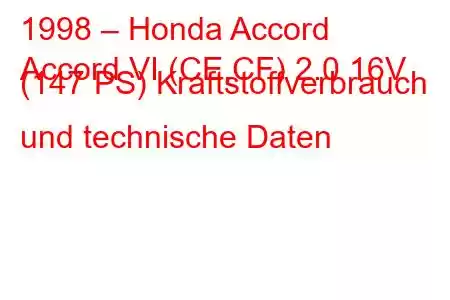 1998 – Honda Accord
Accord VI (CE,CF) 2.0 16V (147 PS) Kraftstoffverbrauch und technische Daten