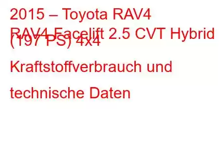 2015 – Toyota RAV4
RAV4 Facelift 2.5 CVT Hybrid (197 PS) 4x4 Kraftstoffverbrauch und technische Daten