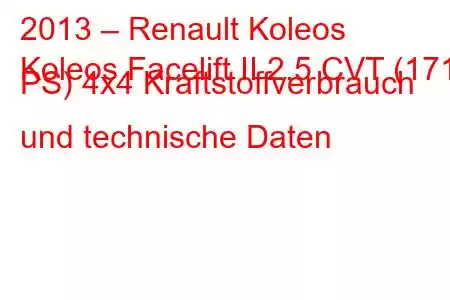 2013 – Renault Koleos
Koleos Facelift II 2.5 CVT (171 PS) 4x4 Kraftstoffverbrauch und technische Daten