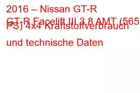 2016 – Nissan GT-R
GT-R Facelift III 3.8 AMT (565 PS) 4x4 Kraftstoffverbrauch und technische Daten