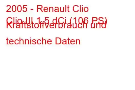 2005 - Renault Clio
Clio III 1,5 dCi (106 PS) Kraftstoffverbrauch und technische Daten