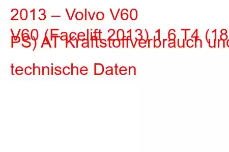 2013 – Volvo V60
V60 (Facelift 2013) 1.6 T4 (180 PS) AT Kraftstoffverbrauch und technische Daten