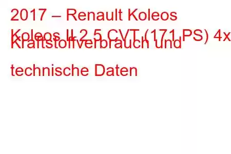 2017 – Renault Koleos
Koleos II 2.5 CVT (171 PS) 4x4 Kraftstoffverbrauch und technische Daten