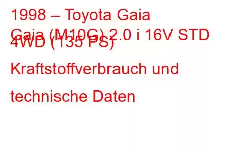 1998 – Toyota Gaia
Gaia (M10G) 2.0 i 16V STD 4WD (135 PS) Kraftstoffverbrauch und technische Daten