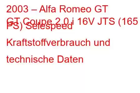 2003 – Alfa Romeo GT
GT Coupe 2.0 i 16V JTS (165 PS) Selespeed Kraftstoffverbrauch und technische Daten