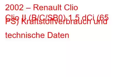 2002 – Renault Clio
Clio II (B/C/SB0) 1,5 dCi (65 PS) Kraftstoffverbrauch und technische Daten