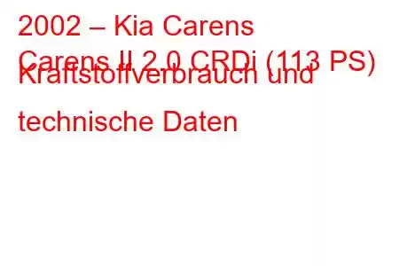 2002 – Kia Carens
Carens II 2.0 CRDi (113 PS) Kraftstoffverbrauch und technische Daten