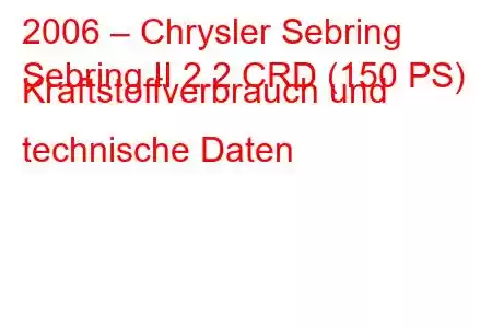 2006 – Chrysler Sebring
Sebring II 2.2 CRD (150 PS) Kraftstoffverbrauch und technische Daten